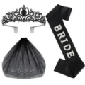 Gothic style black bride to be accessory set with rhinestone tiara mesh veil and pearl sash - One Size / Tiara Embroidered Veil And Sash Set (JD188)