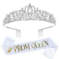 Elegant silver crystal tiara crown and white satin Prom Queen sash set for party dance accessories - One Size / HG001银色皇冠+白色花体金字绶带