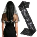 Gothic black bride to be veil and lace sash set for bachelorette parties - One Size / Embroidered Veil And Laser Lace Sash Set