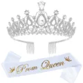Elegant sparkling silver tiara and white 'Prom Queen' sash set for graduation prom parties - One Size / HG029银色皇冠+白色金字绶带