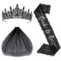 Black gothic Bride to Be party set including crown, lace sash and mesh veil - One Size / Tiara Embroidered Veil And Laser Lace Sash Set (HG003)