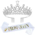 Silver rhinestone crown and white satin sash with gold Prom Queen text - One Size / HG029银色皇冠+白色花体金字绶带