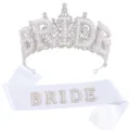 Elegant silver crystal bride tiara and white satin sash set with pearl BRIDE letters - Silver Crown With Pearl Sash