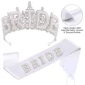 Elegant silver bridal crown with pearls and matching white satin BRIDE sash set for parties - Silver Crown With Satin Lace Pearl Sash