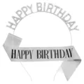 Elegant silver Happy Birthday rhinestone headband and glitter sash party favor set - Alloy Headband + B Sash / 29g Pack / Silver