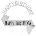 Elegant silver rhinestone Happy Birthday headband with matching glittery sash party set - Iron Headband + C Sash / 24g Pack / Silver