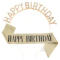 Gold HAPPY BIRTHDAY rhinestone headband and glitter sash birthday set - Iron Headband + C Sash / 24g Pack / Gold