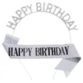 Silver rhinestone Happy Birthday headband and matching glitter sash set for party decoration - Alloy Headband + A Sash / 38g Pack / Silver