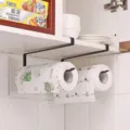 Black under-cabinet paper towel holder, punch-free metal kitchen roll paper storage rack. - Black