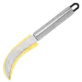 Stainless steel curved fruit knife with protective yellow sheath and hanging handle loop. - Metal Handle