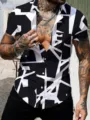Men short sleeve casual shirt detail, bold black white geometric pattern design, trendy look. - M / Style 4