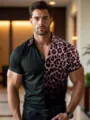Vista detallada de camisa de manga corta para hombre con estampado de leopardo rosa y contraste. - 3XL / Estilo 6