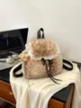 Autumn winter plush faux fur backpack with white lace trim and bear charm - With Pendant / Khaki