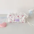 Macro view of floral quilted pencil bag with delicate white lace trim and purple brand tag. - Milky White Rose Cosmetic Bag