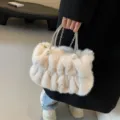 Fluffy white faux fur handbag with sparkly rhinestone handles and elegant pearls - Off White