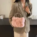 Sweet pink faux fur handbag with sparkling rhinestone handles and chain strap - Pink
