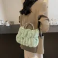 Sweet light green faux fur handbag with pearl rhinestone handles and chain strap - Green