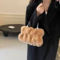 Sweet camel fluffy faux fur handbag featuring pearl accents and silver chain strap - Khaki