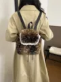 Cozy plush spotted faux fur backpack with elegant white lace trim for autumn and winter - Single Bag / Coffee