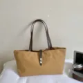 Bolso tote de lona caqui de gran capacidad con correas de cuero marrón y hebilla metal - Bolso Individual / Caqui