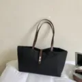 Bolso tote minimalista grande de lona negra con correas de cuero marrón diario - Bolso Individual / Negro