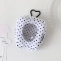 Close-up of polka dot plush doll display bag with clear window and heart carabiner - White (Black Polka Dots)