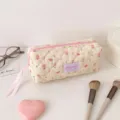 Trousse matelassée esthétique à motif tulipes, grande capacité et label Hisocute - Trousse de maquillage / Jaune