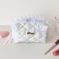 Dettaglio di una trousse trapuntata blu con pizzo e nastro decorativo sulla zip - Bordo in Pizzo Blu
