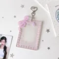 Portacarte in acrilico rosa glitterato con fiocco e portachiavi a cuore per foto. - Fiocco Viola