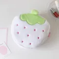 Soft plush strawberry makeup bag with cute pink embroidered dots and green leaf detail - Makeup Bag / White