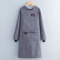 Grey plaid long-sleeve kitchen apron smock with pockets, breathable winter workwear cloth. - Gray