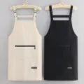 Solid color waterproof kitchen apron with zipper pocket adjustable straps set of two - Two-Piece Set / Black and Off-White
