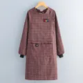Long sleeve plaid kitchen apron and smock for women, breathable stain-resistant workwear style. - Coffee