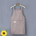 Brown plaid cotton kitchen apron, household cooking workwear with pocket, comfortable and stylish. - Coffee