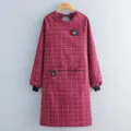 Long sleeve plaid kitchen apron breathable antifouling workwear coverall with pocket. - Burgundy