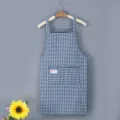 Blue and white checkered kitchen apron with pocket, comfortable cotton fabric for cooking. - Blue