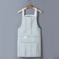 Striped canvas kitchen apron with pocket, comfortable linen cooking workwear for daily use. - Green