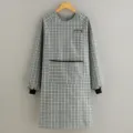 Long sleeve plaid kitchen apron breathable cotton housework cooking work smock for women - Green