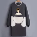 Waterproof long sleeve apron detail with cute cartoon girl print and cozy pockets for cooking. - Black with Grey Pocket