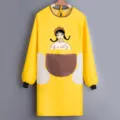 Waterproof long sleeve apron with cartoon print, fuzzy side pockets, kitchen cooking smock. - Yellow with Coffee Pocket