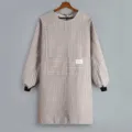 Long sleeve striped apron for kitchen cooking, household smock with front pocket and cotton linen fabric. - Gray