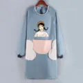 Long sleeve waterproof kitchen cooking apron with cute cartoon print and front pockets. - Dusty Blue with Pink Pocket