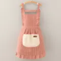 Women cotton linen striped kitchen apron with ruffles pocket pastoral style home cooking wear - Red