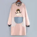 Waterproof long sleeve apron for adults, cute cartoon print kitchen cooking smock. - Dusty Pink with Blue Pocket