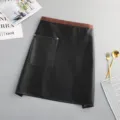 Black PU leather waist apron with brown waistband and pocket, waterproof work apron for kitchen. - Black