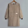 Long sleeve cotton linen apron variant, stylish brown and white vertical stripes work smock. - Coffee