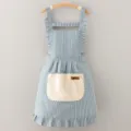 Blue and white striped cotton linen apron with ruffles, cute kitchen workwear home cooking bib - Blue