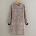 Long sleeve plaid kitchen apron for women household cooking waterproof breathable work smock. - Coffee