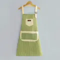 Green and white striped cotton apron for kitchen cooking and housework with adjustable straps. - Halter Neck Cotton Linen Striped 5-Pocket - Green