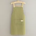 Green and white striped cotton linen kitchen apron with pocket, stylish home cooking bib. - Green